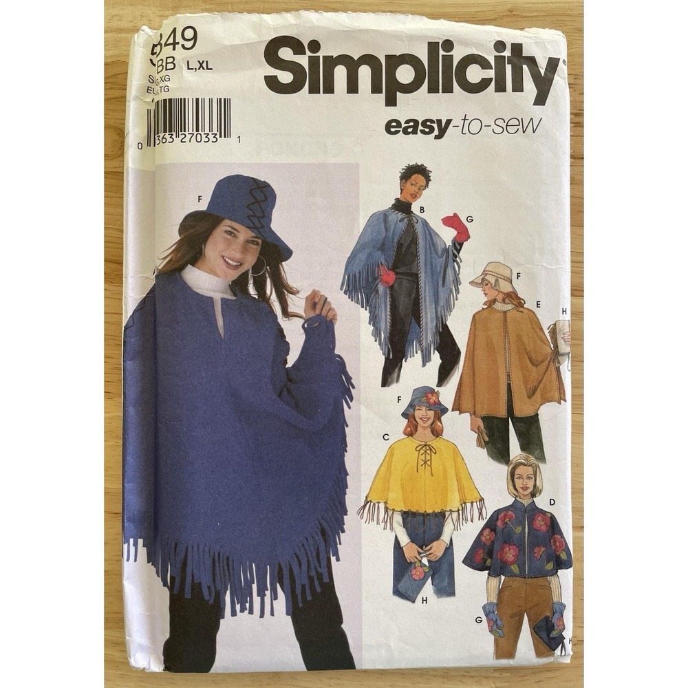 Vintage Simplicity Sewing Pattern 5349 Ponchos, Purse, Hat, Mittens Sz L-XL UC